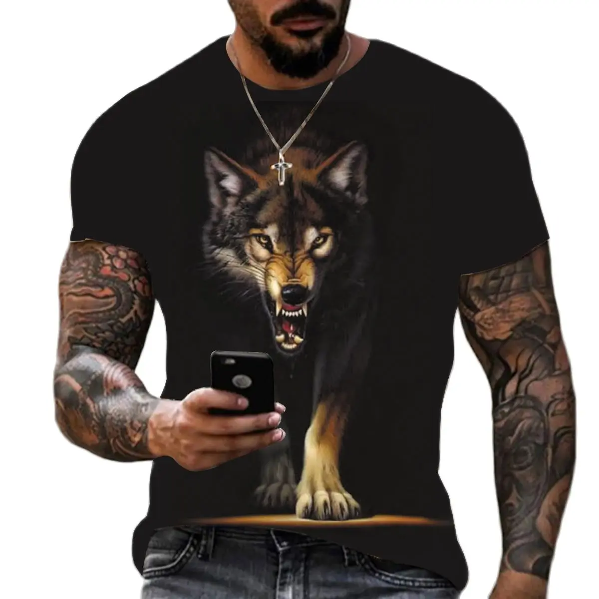 

Summer Men's Animal Wolf Print Polyester Round Neck Loose Short Sleeve Street T-shirt Casual Top Plus Size