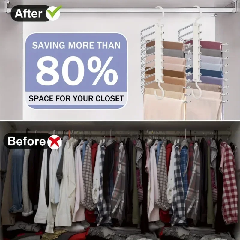 행어 공간 절약형 9 단 미끄럼 방지 스테인리스 스틸 바지, 청바지, 레깅스, 스커트 정리정돈 옷장용 다층