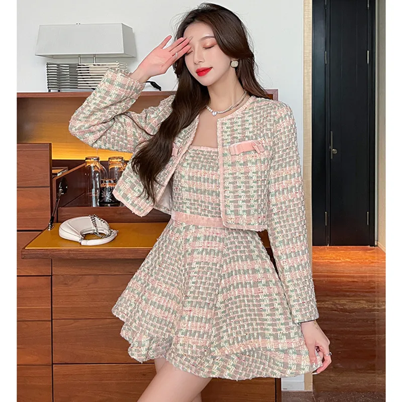 

Sweet Pink Tweed Two Piece Set Women Short Jacket Sexy Strapless Slim Mini Dress Suits High Quali Fall Female 2 Piece Sets