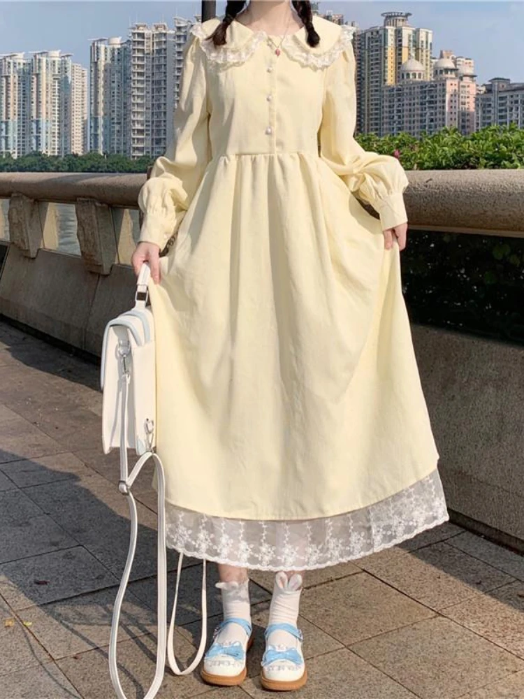 

New 2023 College Style Sweet Peter Pan Collar Lace Dress Women Cute Japanese Mid-length Spring/Autumn Woman Dress