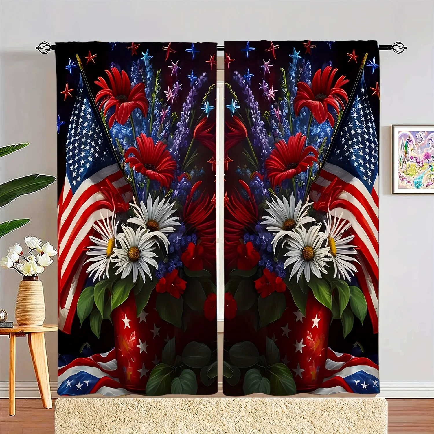 

2pcs USA American Independence Day Flag Daisy Flower Printed Window Curtain For Bedroom Office Kitchen Living Room Study Windows