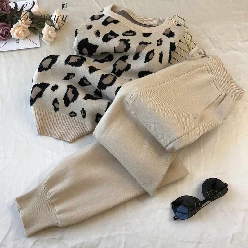 Fashion Leopard Sweater 2 Peice Sets Women Long Sleeve Knitted Top+Stretch Harem Pant Suits Vintage Ankle-Length Pant Tracksuits summer ethnic style cotton linen vintage printing top elastic waist loose causal oversized ankle length harem pants sets women