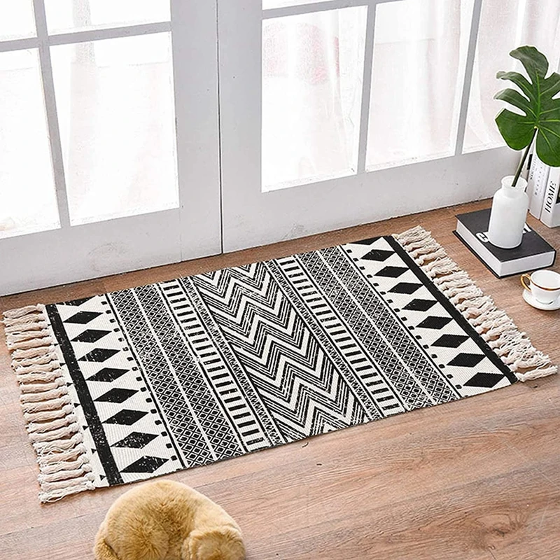 Inyahome Boho Bathroom Rug Black Area Rug Moroccan Kitchen Cotton