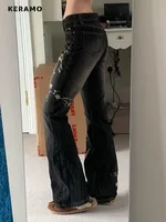 Weekeep Floral Embroidery Jeans Vintage 2000s Low Rise Flared Jeans Women Retro y2k Baggy Denim Pants High Street Basic Trousers - Image 4