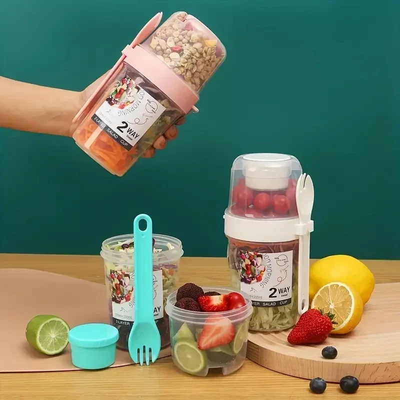 2Tier Salad Cup Breakfast Fruit Oat Yogurt Salad Cup Spoon Two Layer Food Portable Fitness Weight Reducing Food Storage