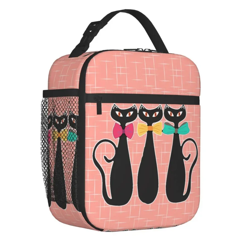 

Black Insulated Lunch Tote Bag for Women Mid Modern Parisian Kitten Portable Thermal Cooler Food Lunch Box School