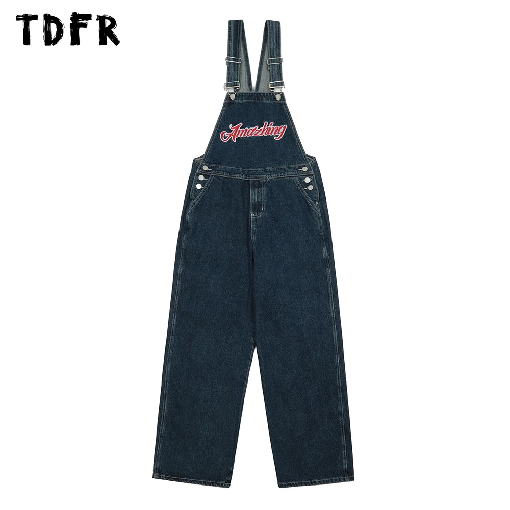 

Letter Embroidery Denim Overalls Mens Top Stitch Casual Loose Wide Leg Trousers Men Suspender Pants