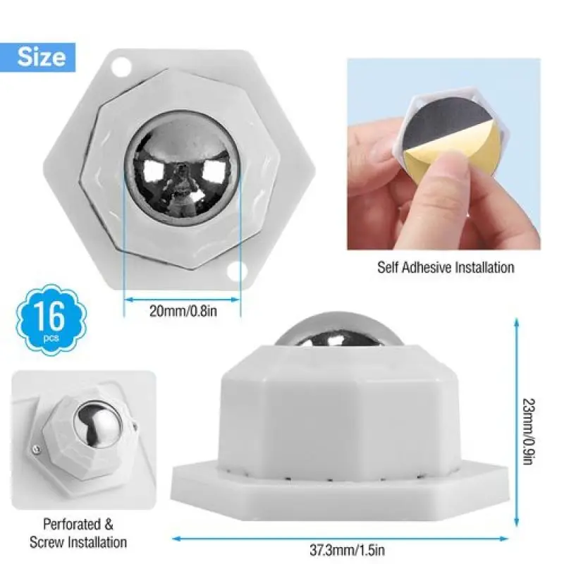 8pcs No-punch Adhesive Ball Universal Pulley 360° Rotation Universal Wheel  Sticky Pulley For Home Storage Box Trash Can