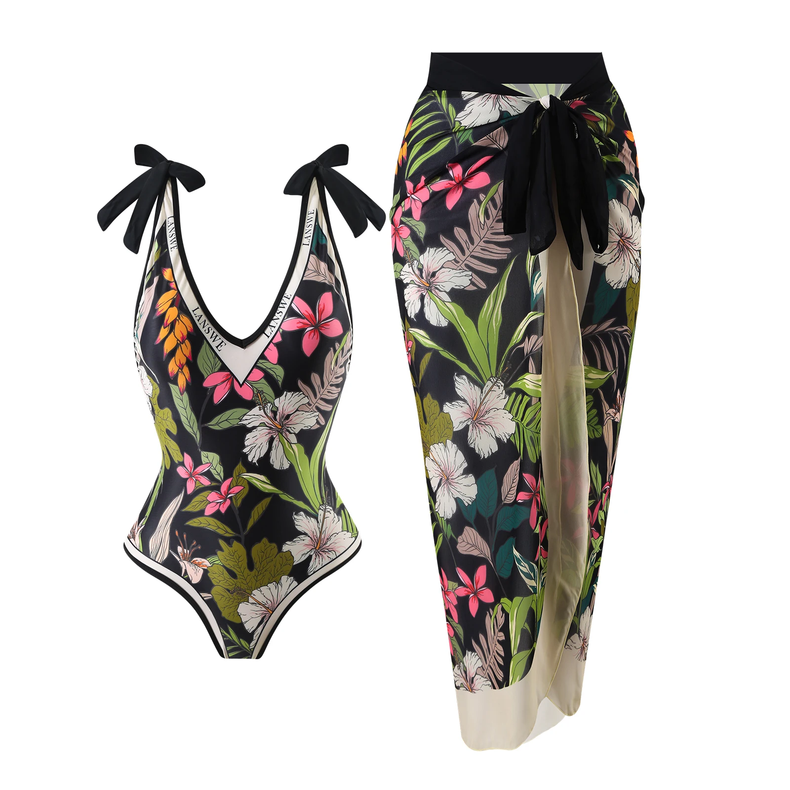 SUNSIREN Vintage Print One-Piece Swimsuits Women Backless Deep V-Neck Swimwear Cover-Up Bowknot Push Up Bathing Suit Summer