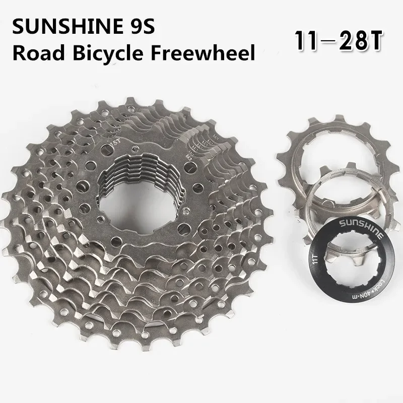 SUNSHINE Road Bicycle 9 Speed 11-28T Cassette Freewheel High Tension Steel Nichrome Silver Flywheel Bike Parts sunrace csmx3 csms1 csms2 csms3 csrx0 10s cassette bike freewheel sprocket cassette bicycle 11 25t 11 36t 11 40t 11 42t 11 46t