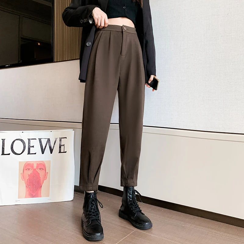 Autumn and Winter Women's Pants Casual Street Wear Loose High Waist Harem Pants Women's Solid Color Wool Black Brown Trousers women s harem pants in autumn and winter 100% merino wool solid color soft cashmere knitted pants casual style