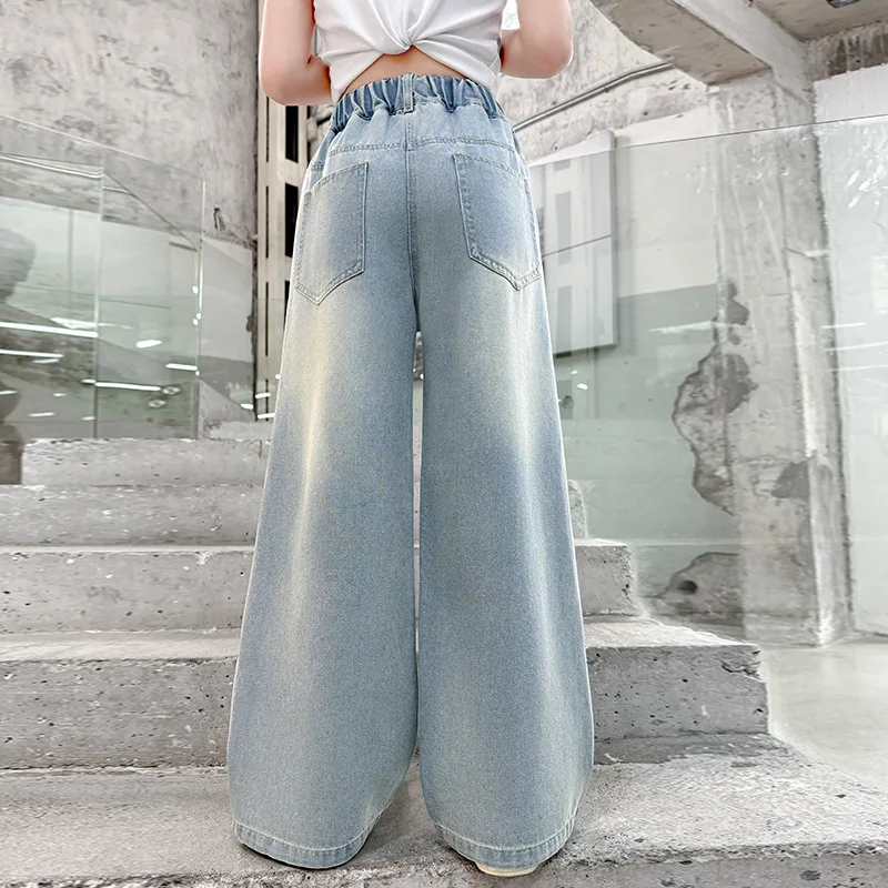 십대 소녀 와이드 레그 청바지 펜타그램 봄 가을 패션 키즈 캐주얼 데님 바지 학교 어린이 스트레이트 배기 바지 4-14세