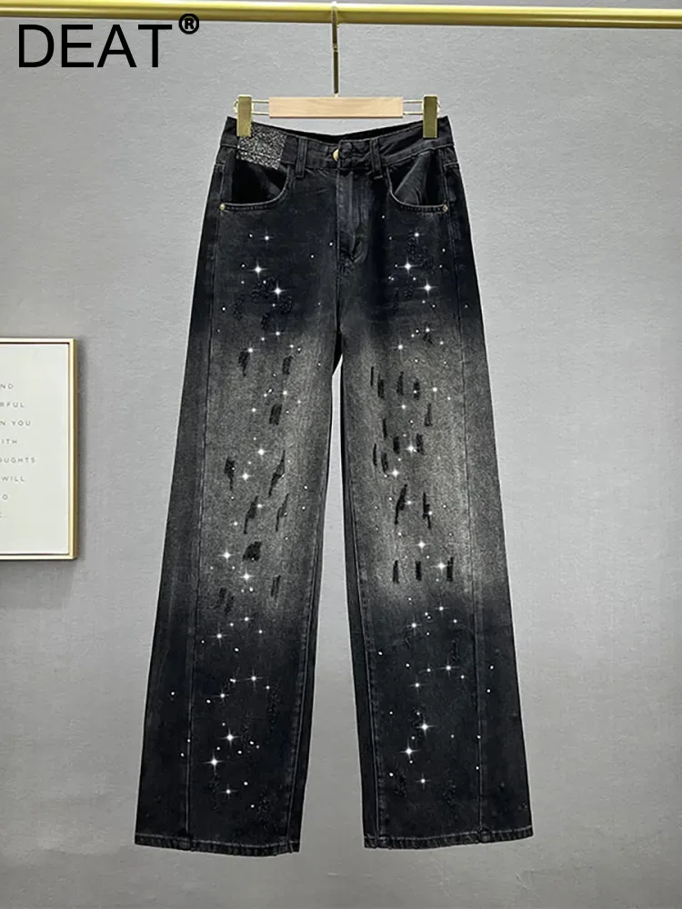 

DEAT Women's Jeans High Waist Grasp The Grain Full Length Diamond Straight Wide Leg Denim Pants 2023 Autumn New Fashion 29L4122