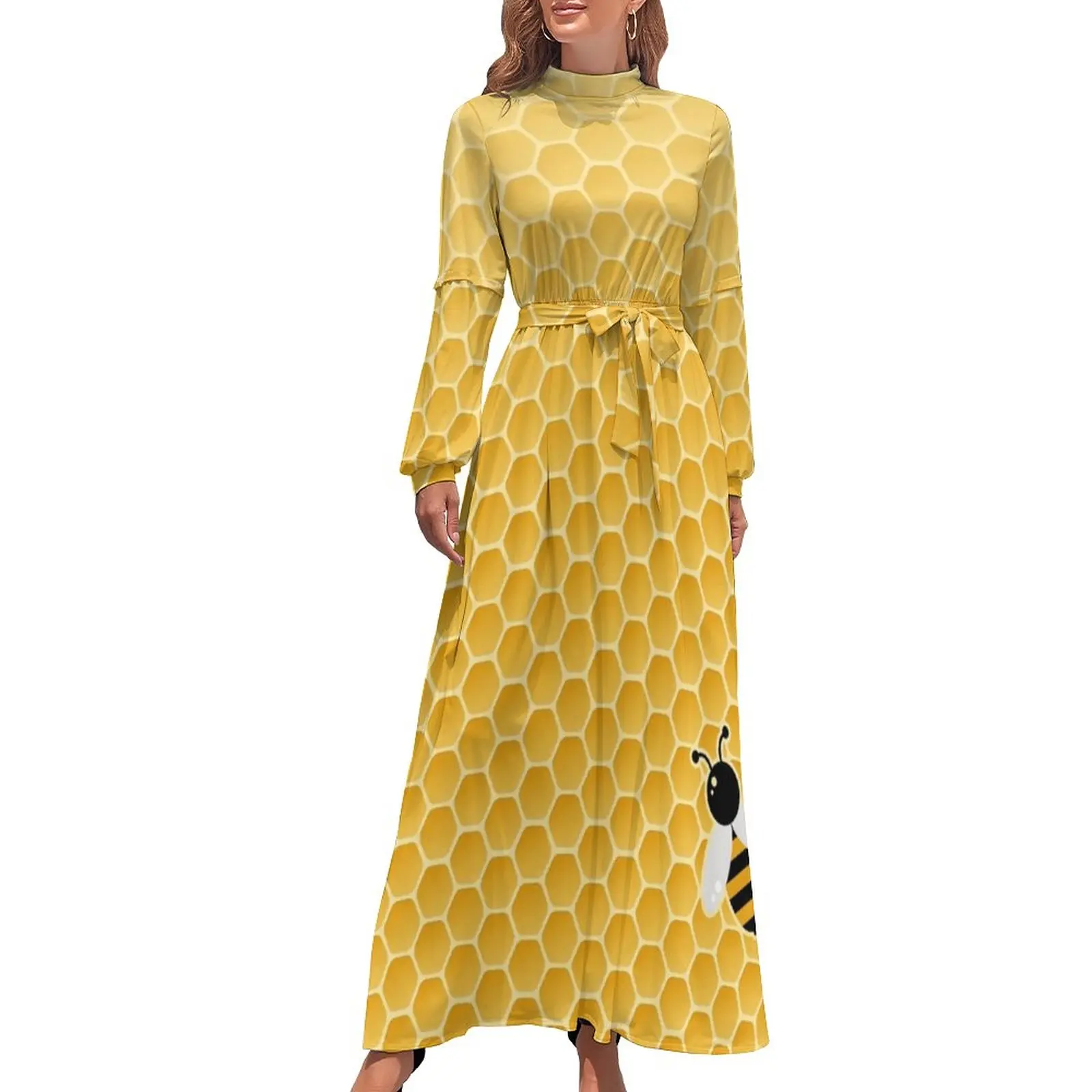 

Bumble Bees Dress High Waist Cute Honeycomb Print Design Beach Dresses Long-Sleeve Aesthetic Long Maxi Dress Elegant Vestidos