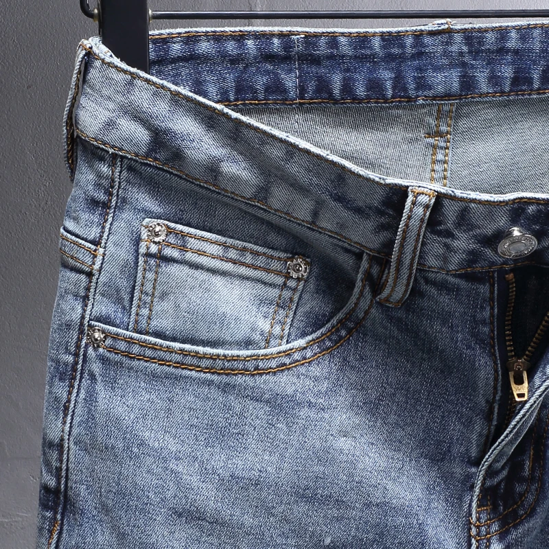 Street Fashion Men Jeans Retro Blue Elastic Stretch Slim Fit Ripped Jeans Men Stars Printed Designer Vintage Denim Pants Hombre