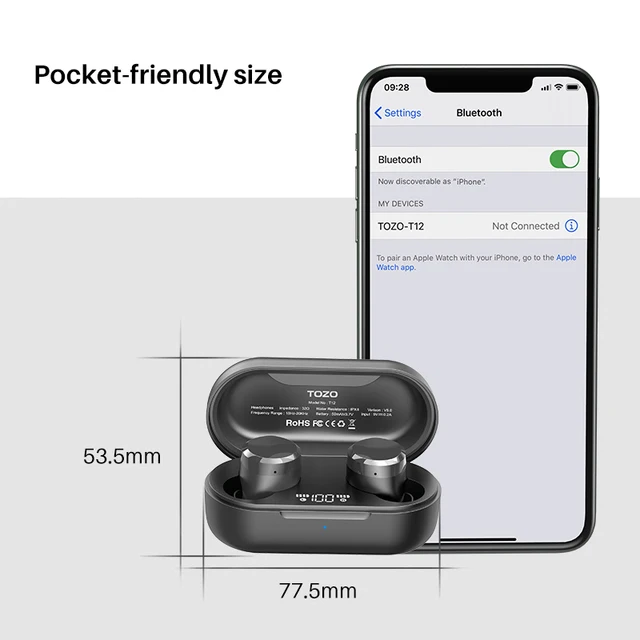 TOZO T12 Auriculares Inalámbricos Bluetooth, Cascos Inalambricos Bluetooth  5.3 con Control táctil y Pantalla LED de Inteligencia Digital IPX8  Impermeables, Rápida Carga USB-C Graves Intenos : .es: Videojuegos