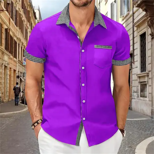 Patchwork Printed Shirt for Men, Solid Color, Comfortable and Soft Short Sleeve Top, Large Size, Summer New - Image 22