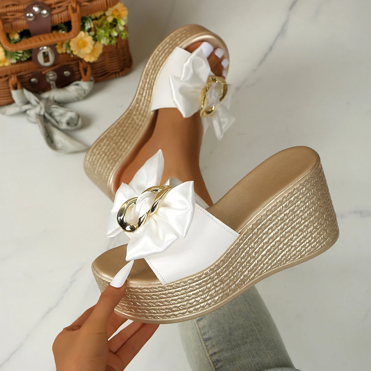 High Heels Women Slippers Bow Slippers New Wedges Platform Sandals Summer Women Comfortable Casual Dress Shoes Slides