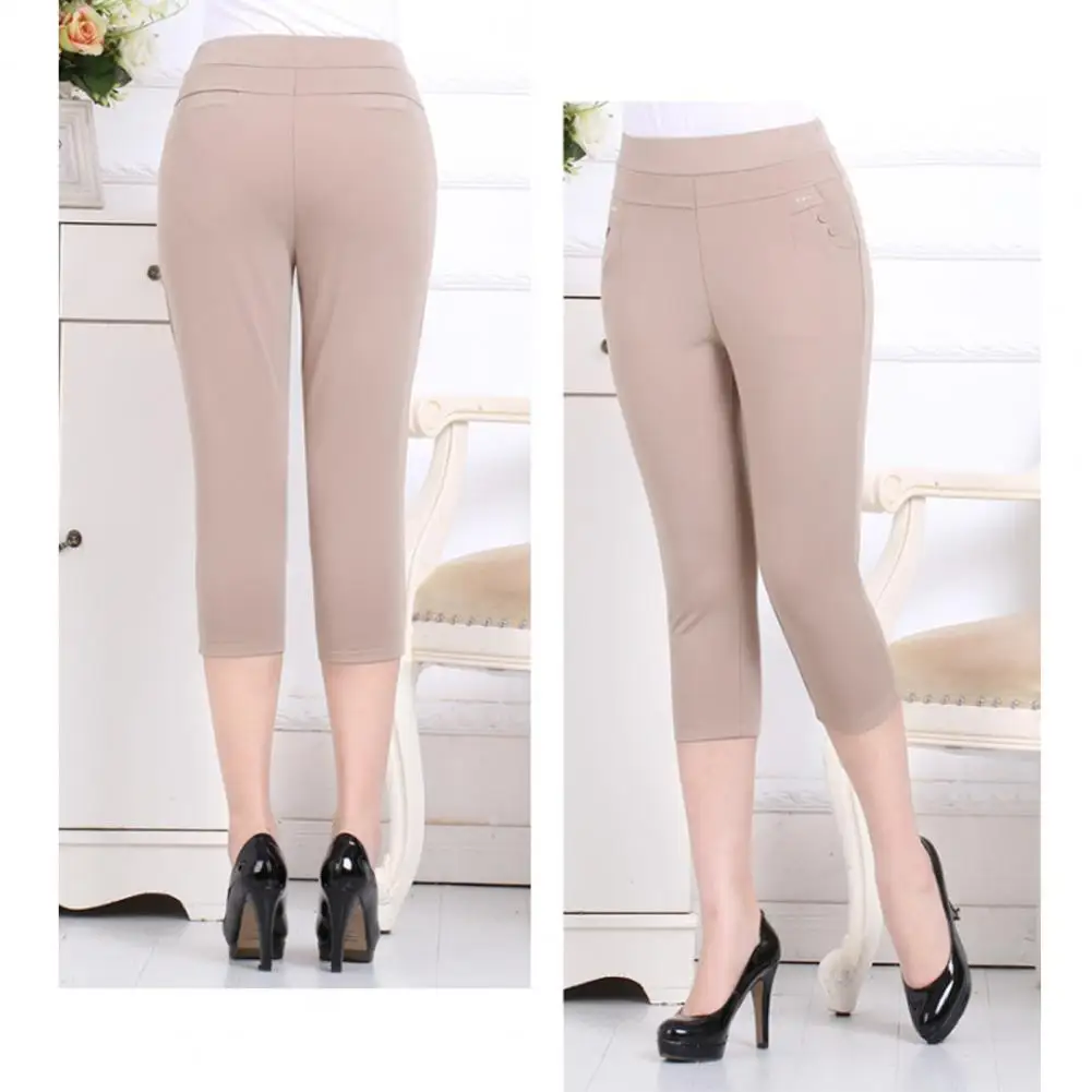 

Women Cropped Pants High Waist Cropped Pants for Middle-aged Women with Pockets Slim Fit Trousers Solid Color for Streetwear