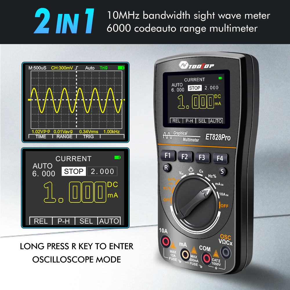 TOOLTOP ET828Pro 10MHz 50Mps/s Handheld Digital Oscilloscope 6000 Counts True RMS Multimeter Voltmeter Ammeter Automotive Oscilloscope