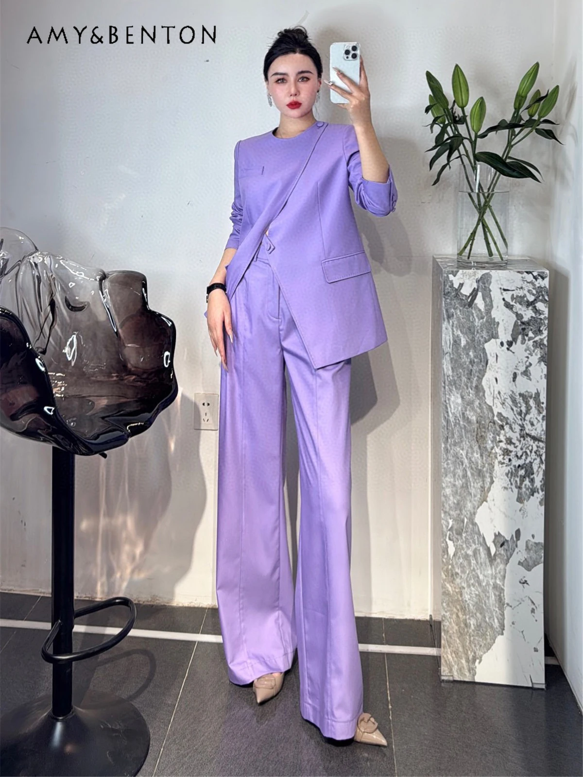 European High-End Fashion Temperament Professional Suit Summer New Commuter Style Suit Jacket Wide Leg Pants Two-Piece Sets customized product、boya professional manufacturing 24k gold plated metal foka amulet to european market