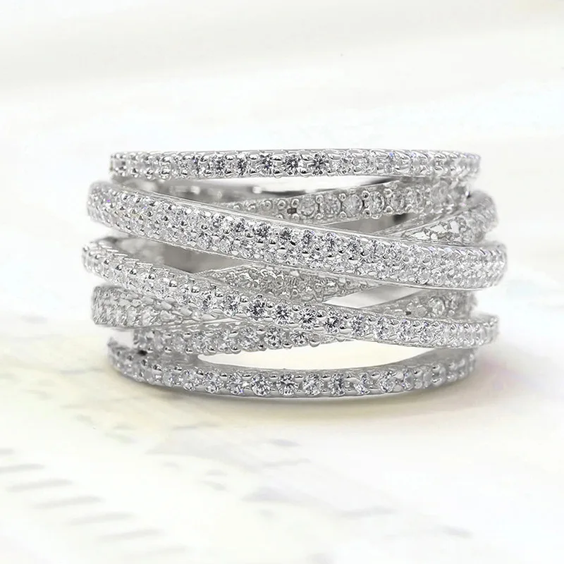 Luxuriöse Damenringe aus 925er-Sterlingsilber, mehrschichtiger Kreuzring für Frauen, Mikro-Intarsien, Zirkon, Versprechen, Liebe, Verlobungsschmuck