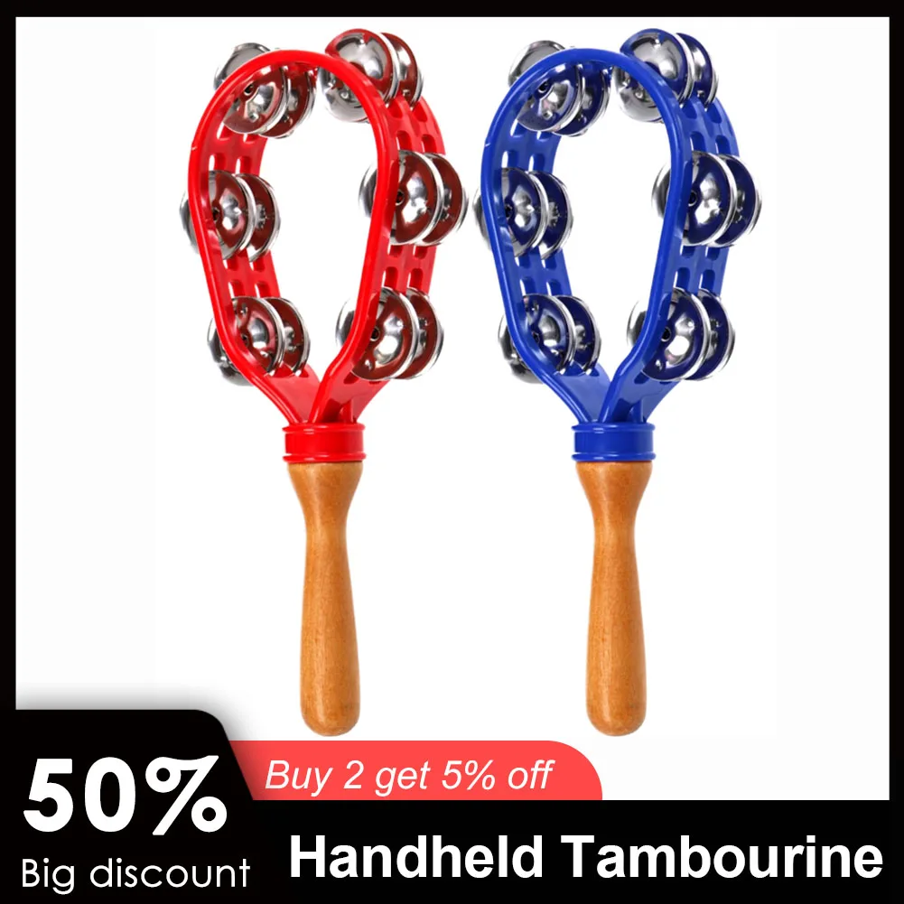 Tambourine Hand Held Drum Wooden Handle Safe Handheld Tambourine Rustproof Waterproof Percussion Instrument Eco-Friendly Design