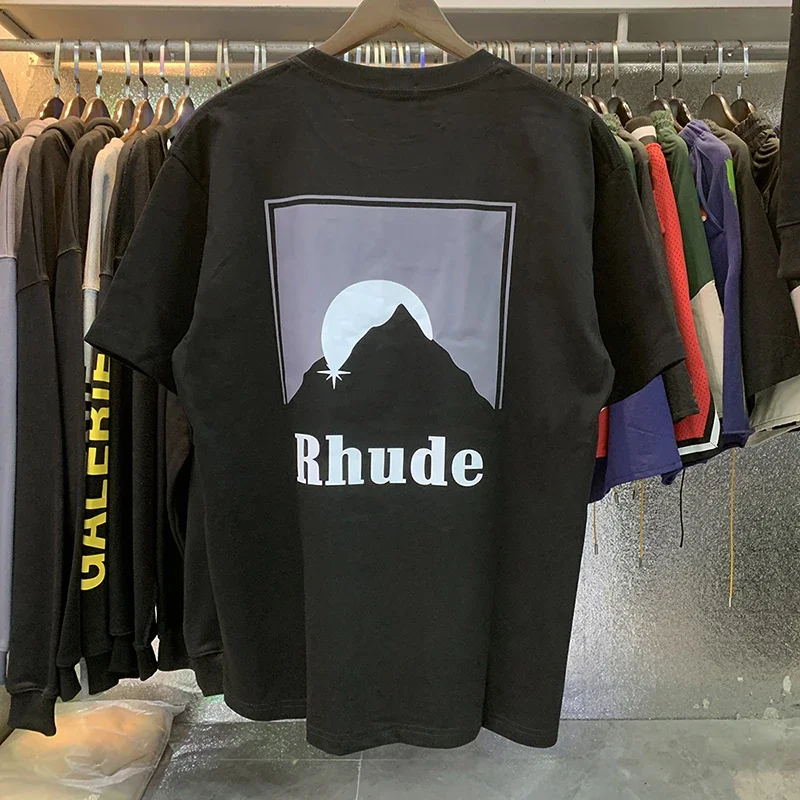 

New Small Beauty Trend Rhude Moonlight Black Moon Print Loose Casual Casual Casual Short-sleeved T Shirt for Men Women gym