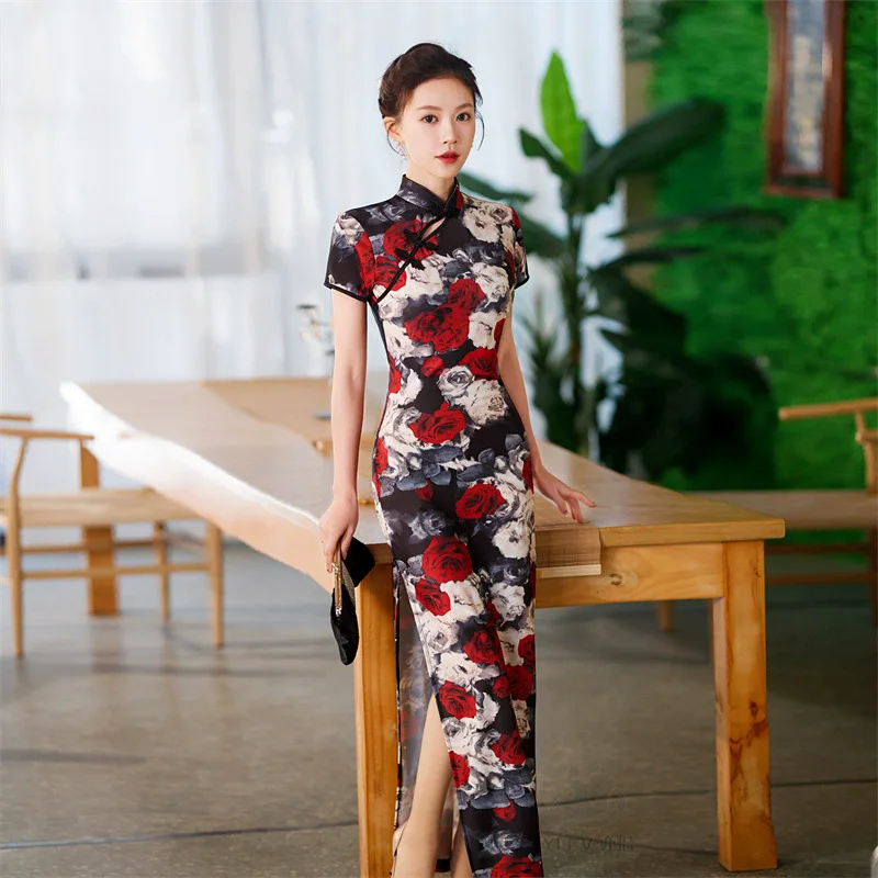 Sexy Vintage Qipao Long Ladies Dresses Chinese Style Maxi Dress Women Vestidos Bodycon Cheongsam Elegant Summer Woman Clothing 1