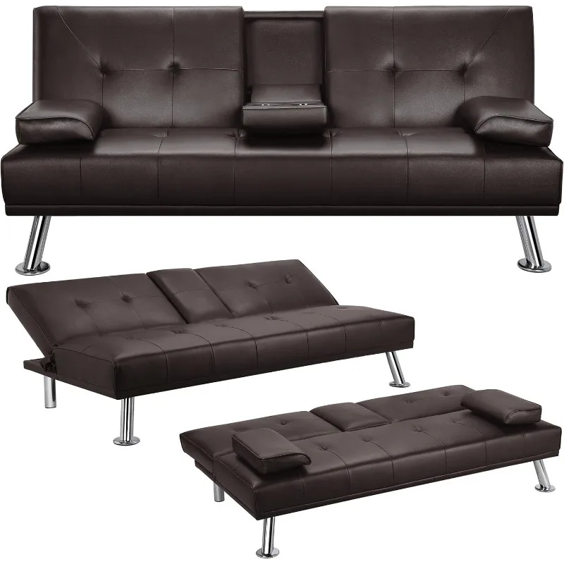 Modern Sofa Bed Faux Leather Sofa Convertible Folding Futon Couch with Armrest Home Recliner Home Furniture