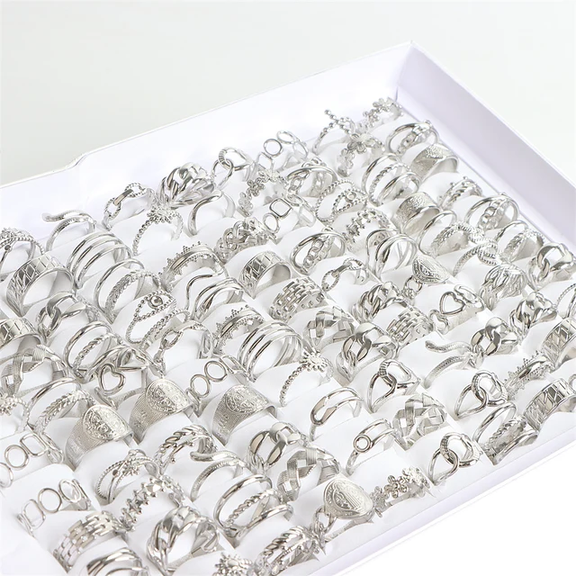 10/20Pcs/Lot Fashion Stainless Steel Adjustable Opening Ring For Women Men Mix Style Heart Snake Flower Jewelry No Fade