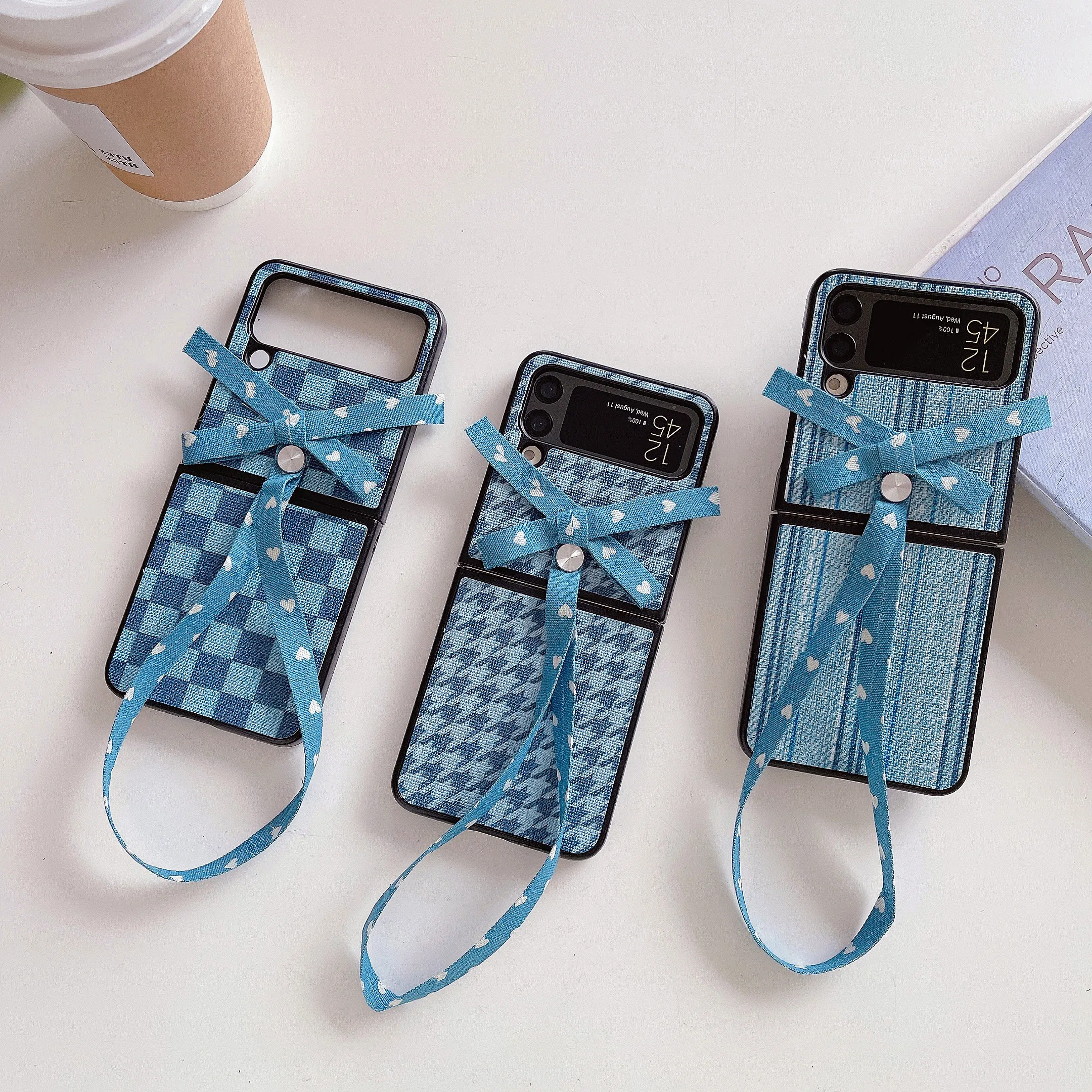 Skinned Denim Bowknot Lanyard Case for Samsung Galaxy Z Flip 3 4 5G Flip4  Flip3 Fashion Wrist Strap Protection Korea Plaid Cover