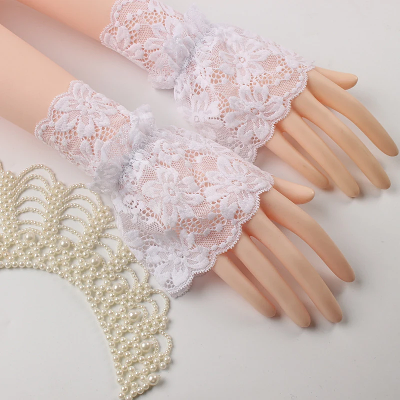 Women Short Arm Sleeves Lace Wrist Cuffs Bracelets Solid Black White Gloves Gothic Fingerless Gloves Bowknot Fashion Glove