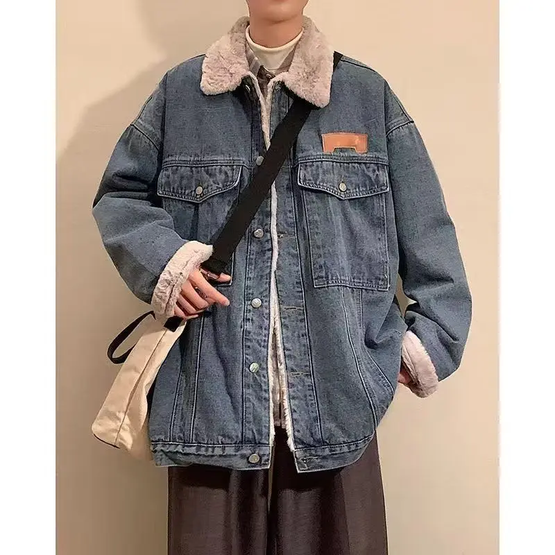 남성용 플리스 안감 재킷 캐주얼 따뜻한 빈티지 스타일 긴팔 청바지 셔츠 아우터웨어 아메리칸 스타일 청년 패션