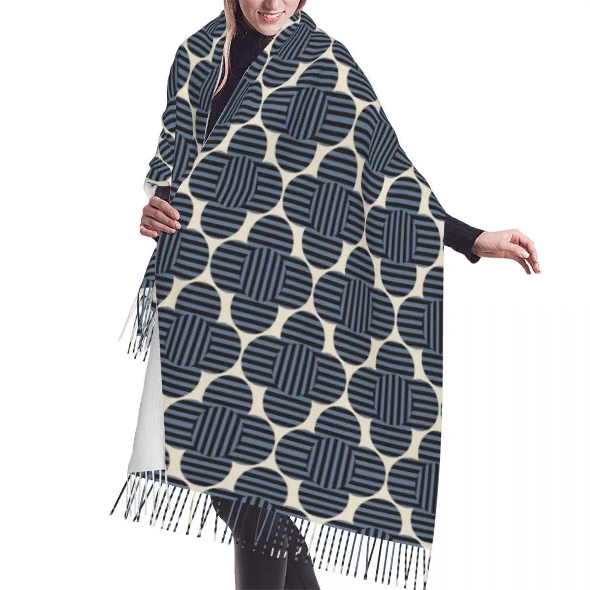 

Optical Flower Print In Whale Colour Tassel Scarf Women Soft Orla Kiely Art Shawl Wrap Ladies Winter Fall Scarves