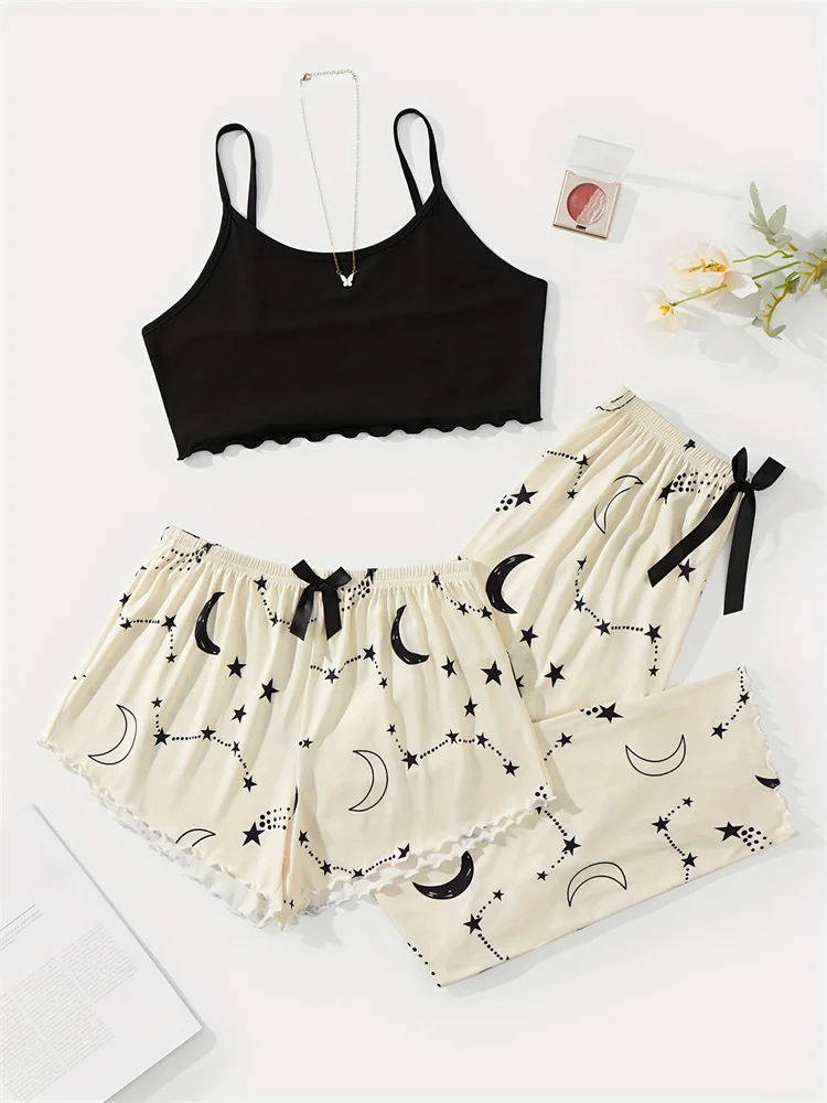 여성용 캐주얼 잠옷 세트, 서스펜더 반바지 바지, 3 피스 패션, 캐주얼 활 타이, 홈웨어 세트, 도매 