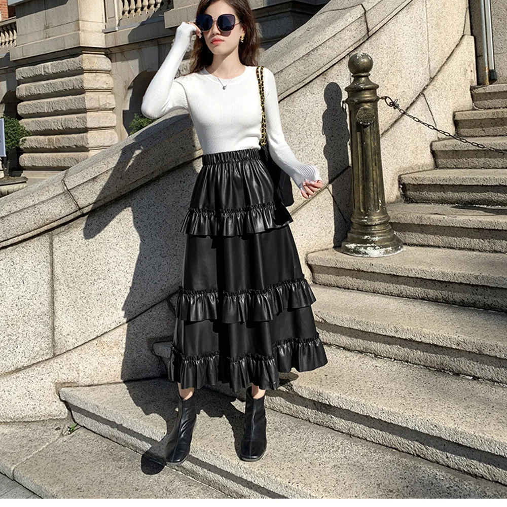 

2023 Autumn Ruffles Soft PU Cake Skirt Pleated High Waist A-line Skirt Big Hem Elastic Waist Midi Skirts Women