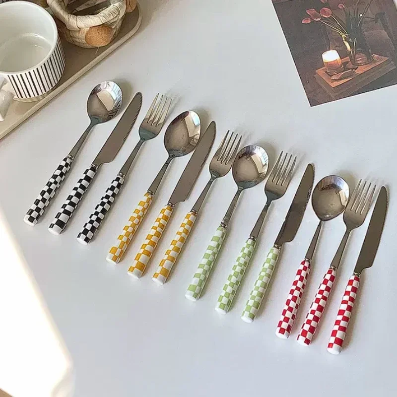 

Japanese and Korean Irregular Checkerboard Knife Fork Spoon Western Dinner Set Steak Knife Colored Stainless Steel