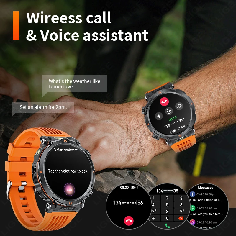 LIGE 2025 Military Smartwatch Men IP68 Bluetooth Call Outdoor Sports Fitness Track 600Mah LED Light Smartwatch For Android IOS