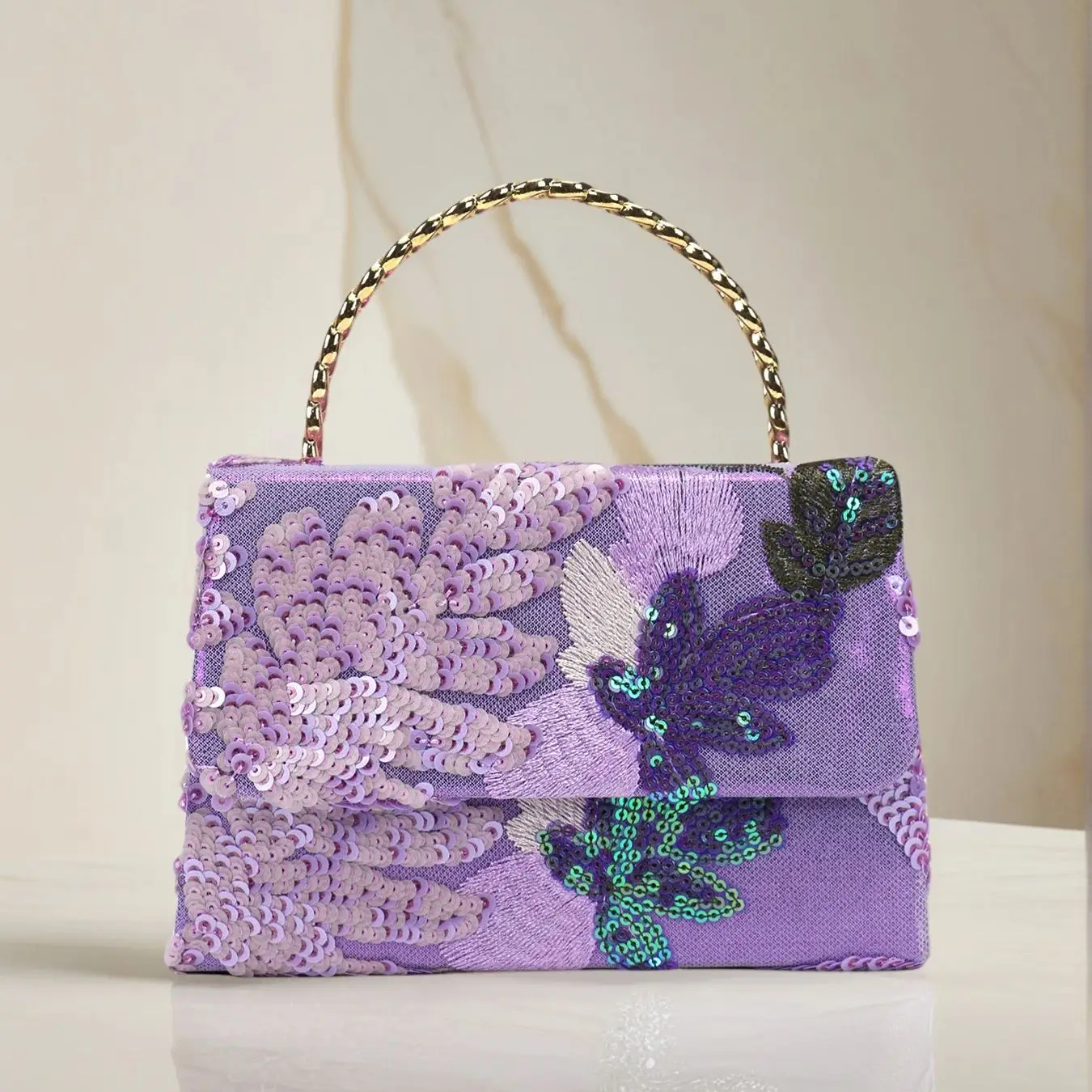 Purple Floral Clutch Bag Women Evening Sequines Envelope