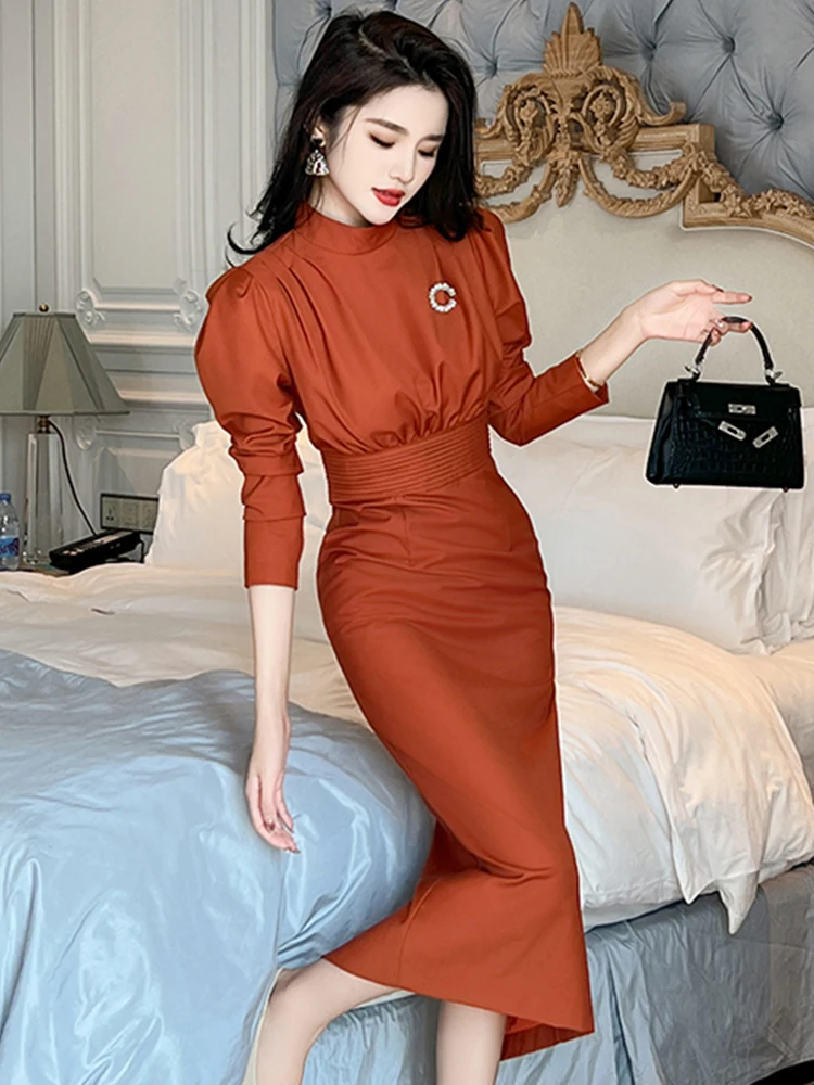 Women's Professional Dresses Retro Elegant Bubble Sleeve Pleated High Waist  Wrap Hip Slit Midi Robe Femme OL Work Style Vestidos - AliExpress