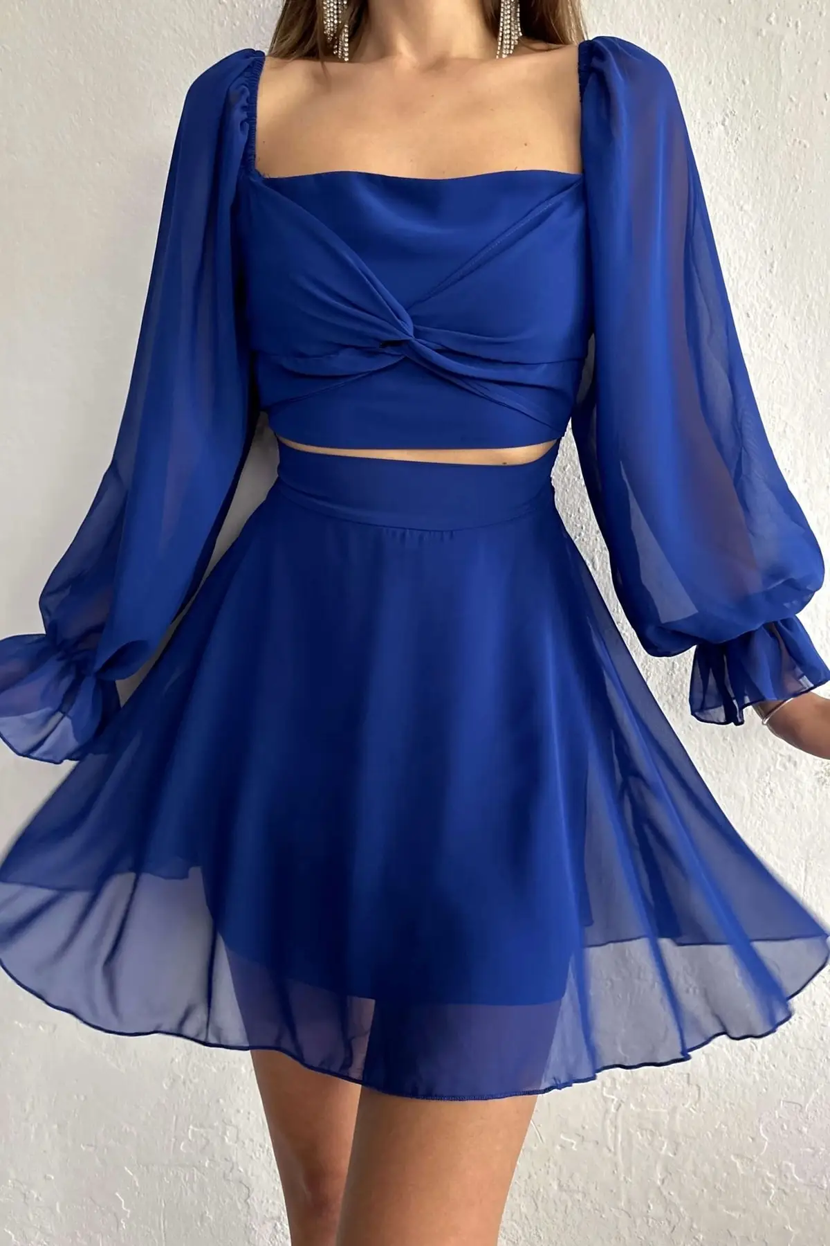 

Women's Saks Waist Detailed Tulle Dress 0990-212045 Woven Regular/Frilly Sleeve Flat Square Neck Mini Navy Blue Long
