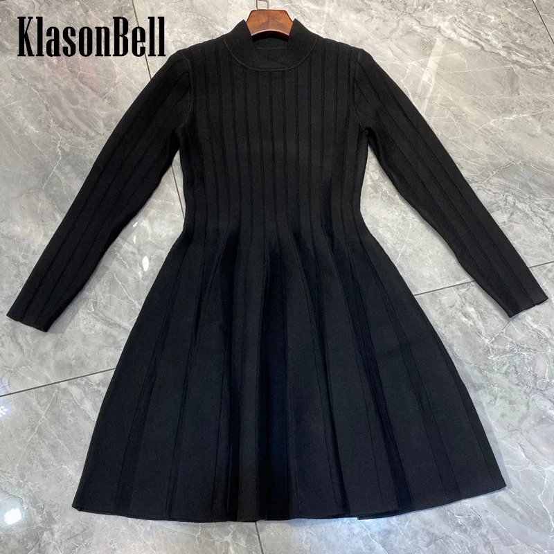 

8.25 KlasonBell Temperament Vintage Jacquard Wool Blend Knitted Long Sleeve Collect Waist Comfortable Knit Dress Women