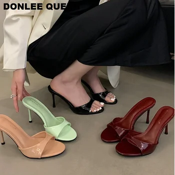 2026 Fashion Sexy Thin High Heels Slides Women Open Toe Pumps Slip Sandal Female Slippers Mule Patent Leather Outdoor Flip Flops 1