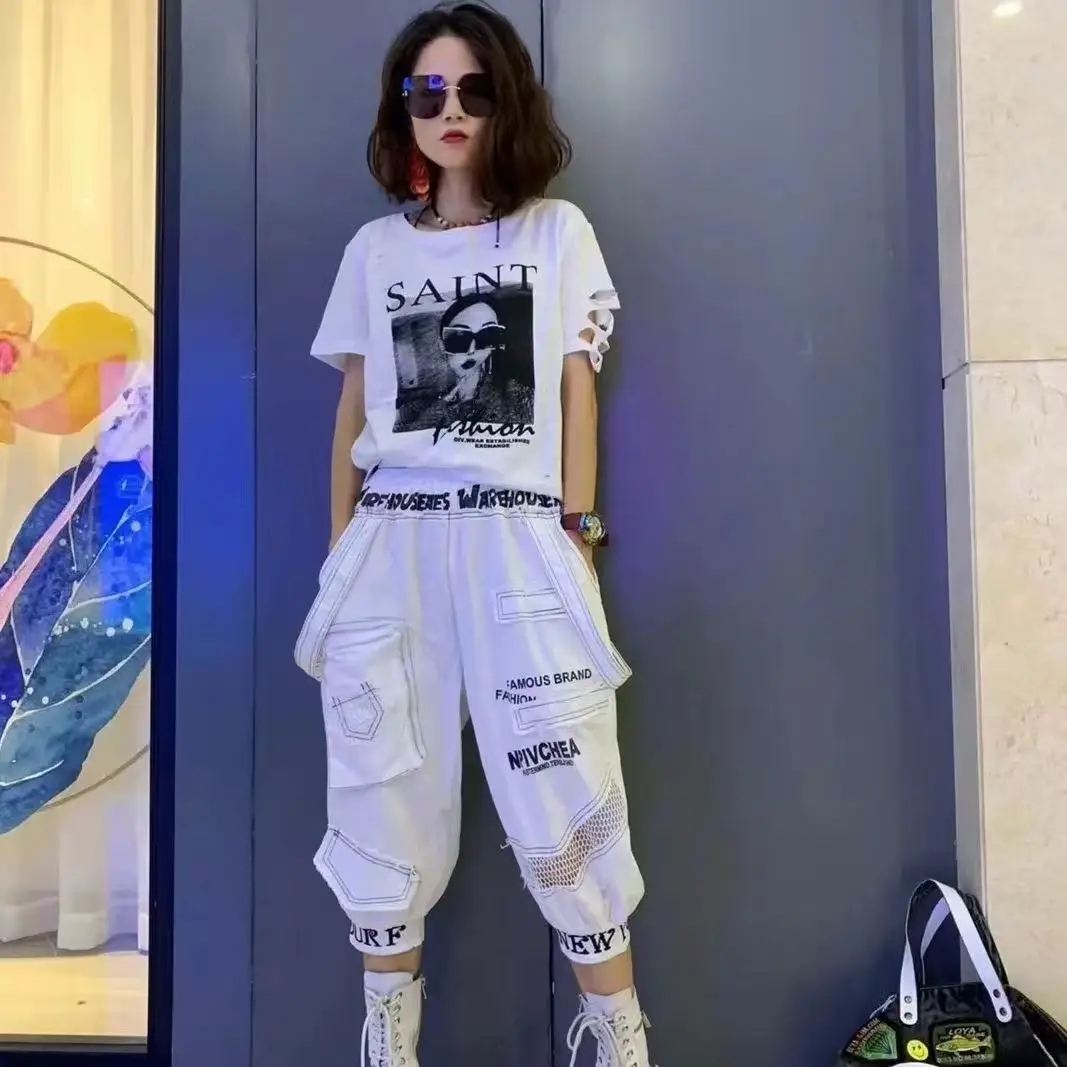 

Mesh Patchwork Women's Casual Tops Pants 2 PCS SET Matching Sets Print Outfit 2023 Loose Harem Pants Two Pieces Tracksuit XC168