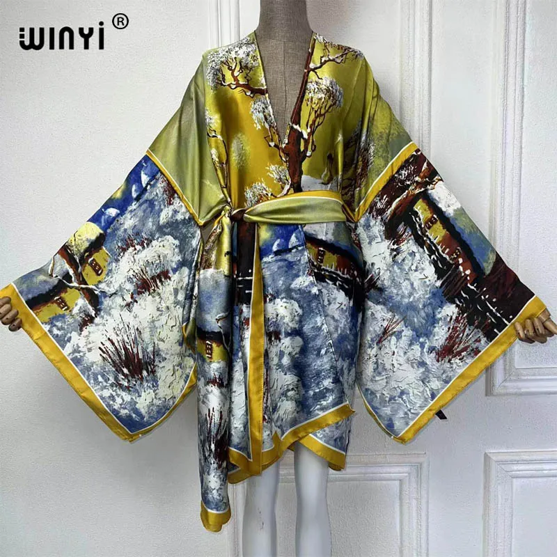 

Кимоно WINYI женское с принтом в стиле бохо, пляжная одежда в африканском стиле, праздничный Кардиган с длинным рукавом, шелковая пляжная одежда