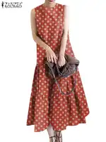 ZANZEA Women Sleeveless Polka Dot Printed Holiday Sundress 2024 Summer Bohemian Vintage Party Midi Dress Fashion Ruffled Vestido - Image 5