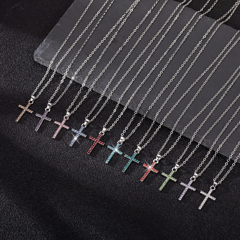 Shiny Crystal Zircon Cross Pendant Necklace for Women Girls Punk Colorful Cross Thin Chain Choker Party Jewelry Accessories Gift
