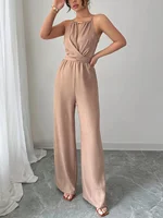 Women's Spring/Summer Casual Pleated Fabric Halterneck Beaded Waist Button and Tie Design Maxi Jumpsuit - Image 4