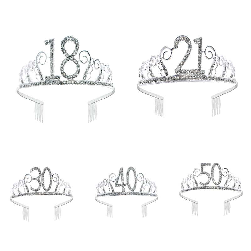 Birthday Crown 18/21/30/40/50/60 Birthday Party Decorations Adult Birthday Princess Crown Headband Crystal Tiara Women Crown Hair Accessories